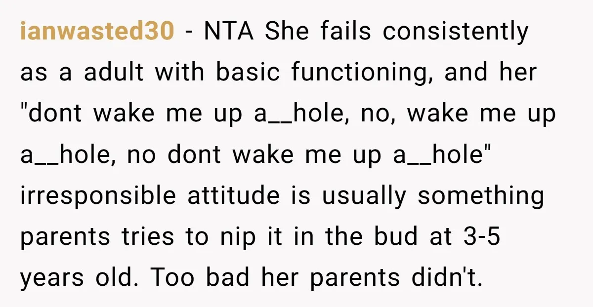 ianwasted30 − NTA She fails consistently as a adult with basic functioning, and her "dont wake me up a__hole, no, wake me up a__hole, no dont wake me up a__hole"...