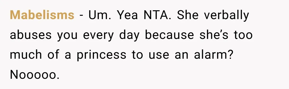 Mabelisms − Um. Yea NTA. She verbally abuses you every day because she’s too much of a princess to use an alarm? Nooooo.