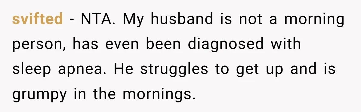 svifted − NTA. My husband is not a morning person, has even been diagnosed with sleep apnea. He struggles to get up and is grumpy in the mornings.