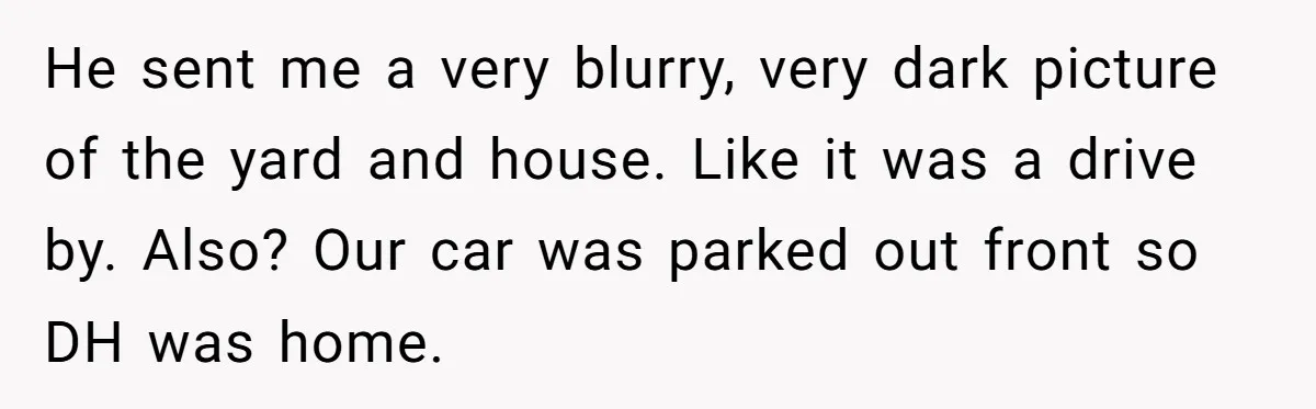 He sent me a very blurry, very dark picture of the yard and house. Like it was a drive by. Also? Our car was parked out front so DH was...