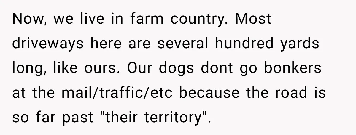 Now, we live in farm country. Most driveways here are several hundred yards long, like ours. Our dogs dont go bonkers at the mail/traffic/etc because the road is so far...