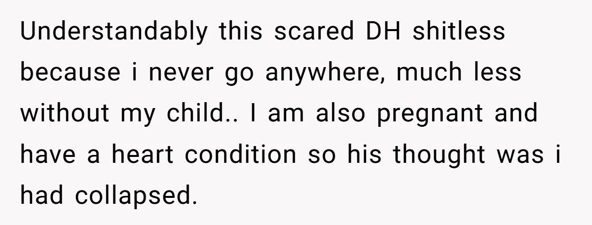 Understandably this scared DH shitless because i never go anywhere, much less without my child.. I am also pregnant and have a heart condition so his thought was i had...
