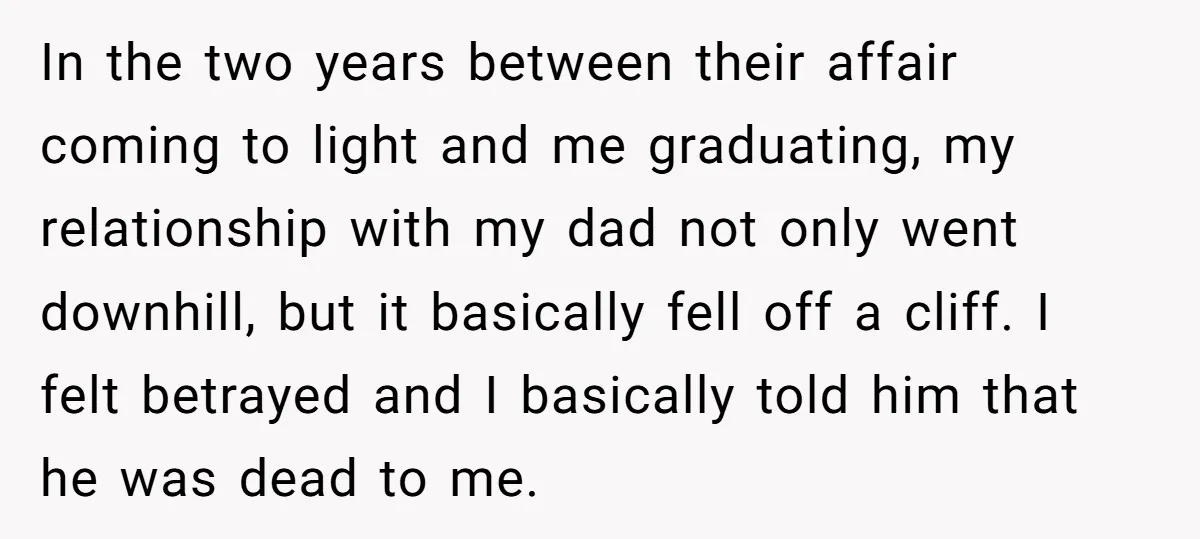 In the two years between their affair coming to light and me graduating, my relationship with my dad not only went downhill, but it basically fell off a cliff. I...