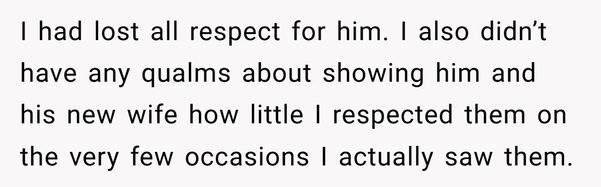 I had lost all respect for him. I also didn’t have any qualms about showing him and his new wife how little I respected them on the very few occasions...