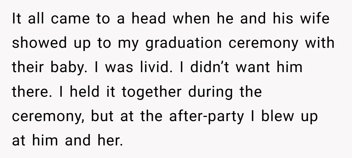 It all came to a head when he and his wife showed up to my graduation ceremony with their baby. I was livid. I didn’t want him there. I held...