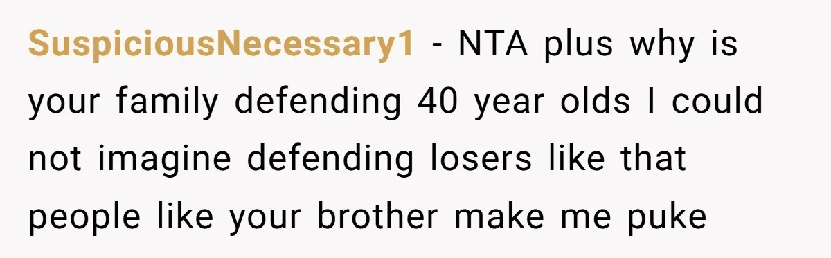 SuspiciousNecessary1 − NTA plus why is your family defending 40 year olds I could not imagine defending losers like that people like your brother make me puke