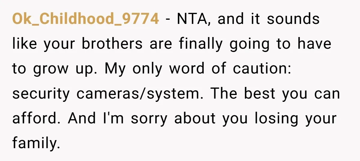 Ok_Childhood_9774 − NTA, and it sounds like your brothers are finally going to have to grow up. My only word of caution: security cameras/system. The best you can afford. And...