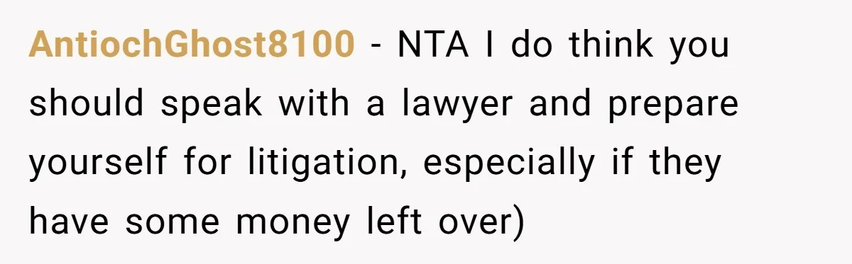 AntiochGhost8100 − NTA I do think you should speak with a lawyer and prepare yourself for litigation, especially if they have some money left over)