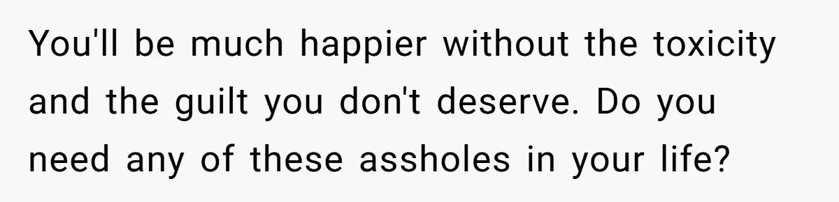 You'll be much happier without the toxicity and the guilt you don't deserve. Do you need any of these assholes in your life?
