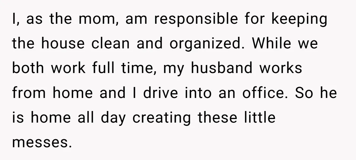 I, as the mom, am responsible for keeping the house clean and organized. While we both work full time, my husband works from home and I drive into an office....