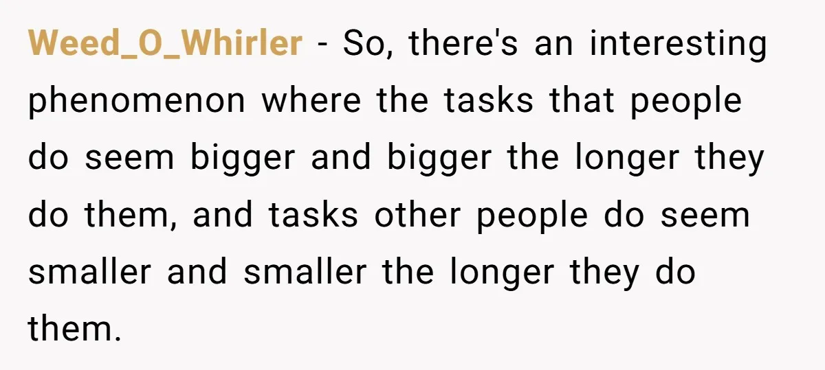 Weed_O_Whirler − So, there's an interesting phenomenon where the tasks that people do seem bigger and bigger the longer they do them, and tasks other people do seem smaller and...