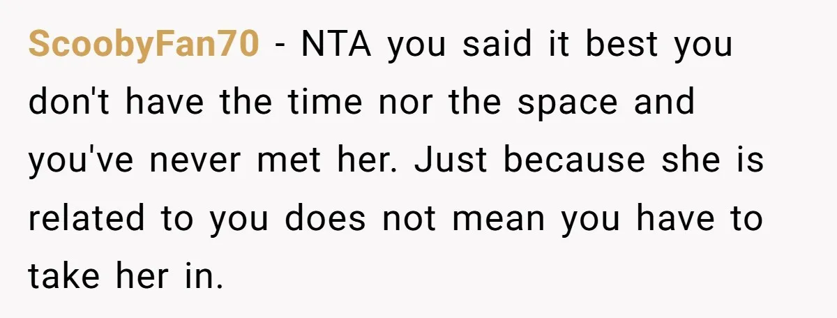 ScoobyFan70 − NTA you said it best you don't have the time nor the space and you've never met her. Just because she is related to you does not mean...