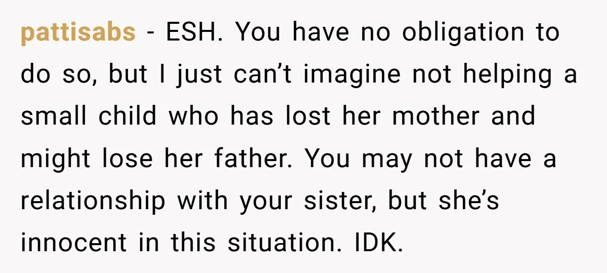 pattisabs − ESH. You have no obligation to do so, but I just can’t imagine not helping a small child who has lost her mother and might lose her father....