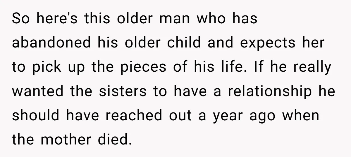 So here's this older man who has abandoned his older child and expects her to pick up the pieces of his life. If he really wanted the sisters to have...