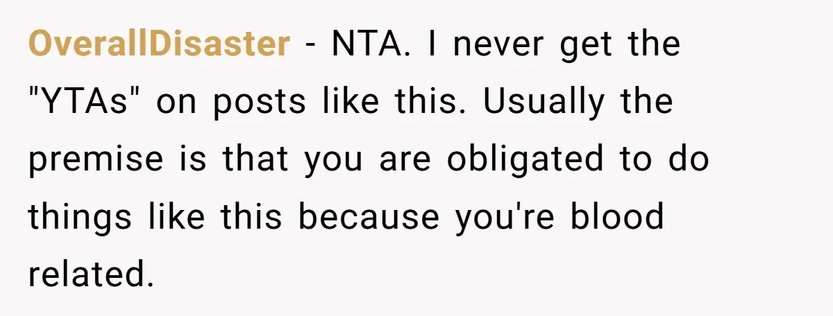 OverallDisaster − NTA. I never get the "YTAs" on posts like this. Usually the premise is that you are obligated to do things like this because you're blood related.