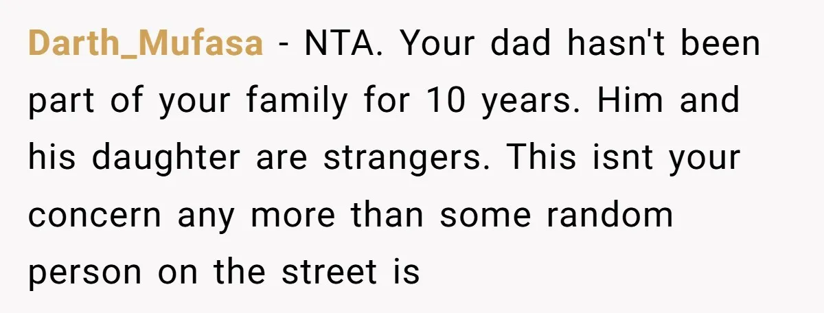 Darth_Mufasa − NTA. Your dad hasn't been part of your family for 10 years. Him and his daughter are strangers. This isnt your concern any more than some random person...