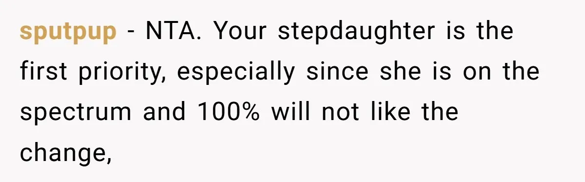 sputpup − NTA. Your stepdaughter is the first priority, especially since she is on the spectrum and 100% will not like the change,