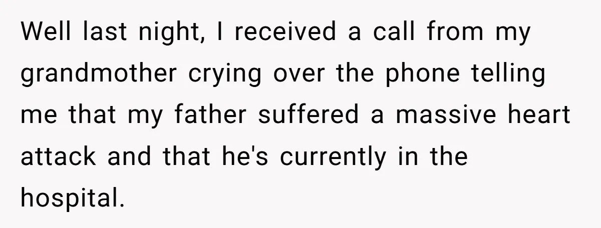 Well last night, I received a call from my grandmother crying over the phone telling me that my father suffered a massive heart attack and that he's currently in the...
