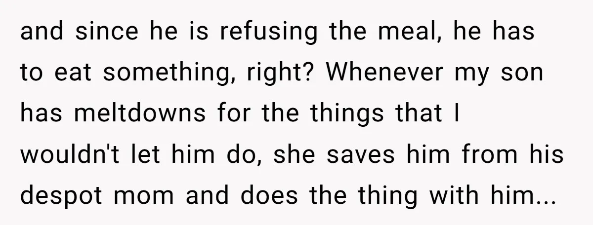 and since he is refusing the meal, he has to eat something, right? Whenever my son has meltdowns for the things that I wouldn't let him do, she saves him...