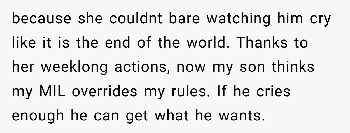 because she couldnt bare watching him cry like it is the end of the world. Thanks to her weeklong actions, now my son thinks my MIL overrides my rules. If...