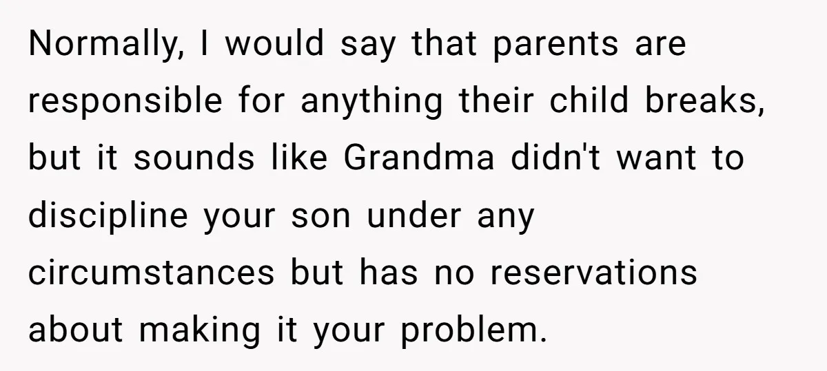 Normally, I would say that parents are responsible for anything their child breaks, but it sounds like Grandma didn't want to discipline your son under any circumstances but has no...