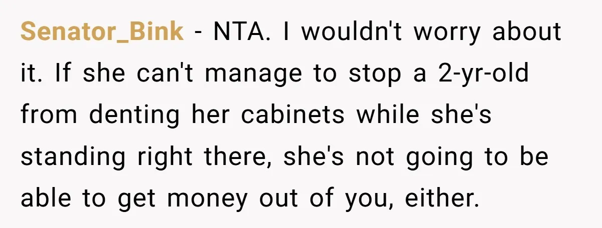 Senator_Bink − NTA. I wouldn't worry about it. If she can't manage to stop a 2-yr-old from denting her cabinets while she's standing right there, she's not going to be...