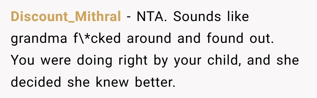 Discount_Mithral − NTA. Sounds like grandma f\*cked around and found out. You were doing right by your child, and she decided she knew better.