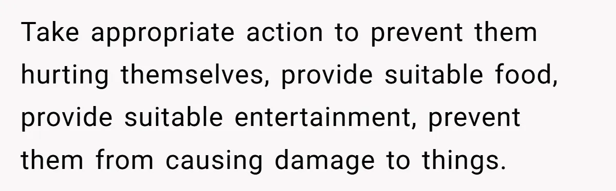 Take appropriate action to prevent them hurting themselves, provide suitable food, provide suitable entertainment, prevent them from causing damage to things.