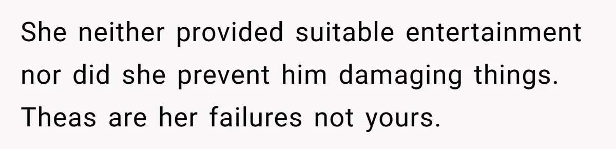 She neither provided suitable entertainment nor did she prevent him damaging things. Theas are her failures not yours.