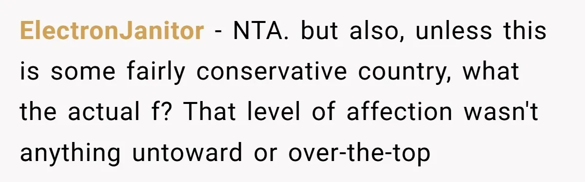 ElectronJanitor − NTA. but also, unless this is some fairly conservative country, what the actual f? That level of affection wasn't anything untoward or over-the-top