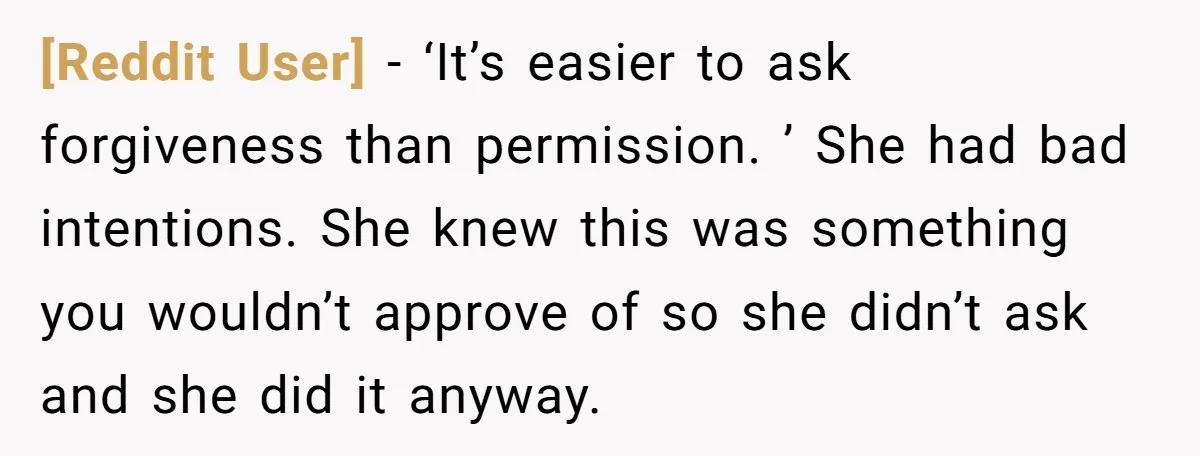 [Reddit User] − ‘It’s easier to ask forgiveness than permission. ’ She had bad intentions. She knew this was something you wouldn’t approve of so she didn’t ask and she...