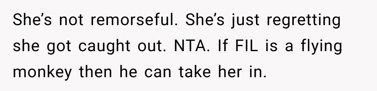 She’s not remorseful. She’s just regretting she got caught out. NTA. If FIL is a flying monkey then he can take her in.