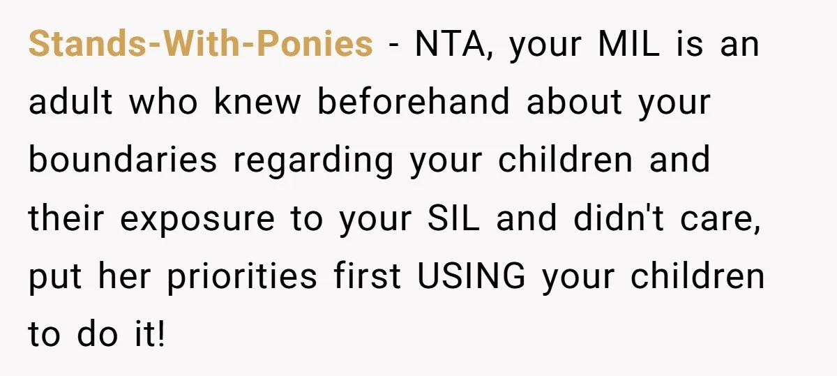 Stands-With-Ponies − NTA, your MIL is an adult who knew beforehand about your boundaries regarding your children and their exposure to your SIL and didn't care, put her priorities first...