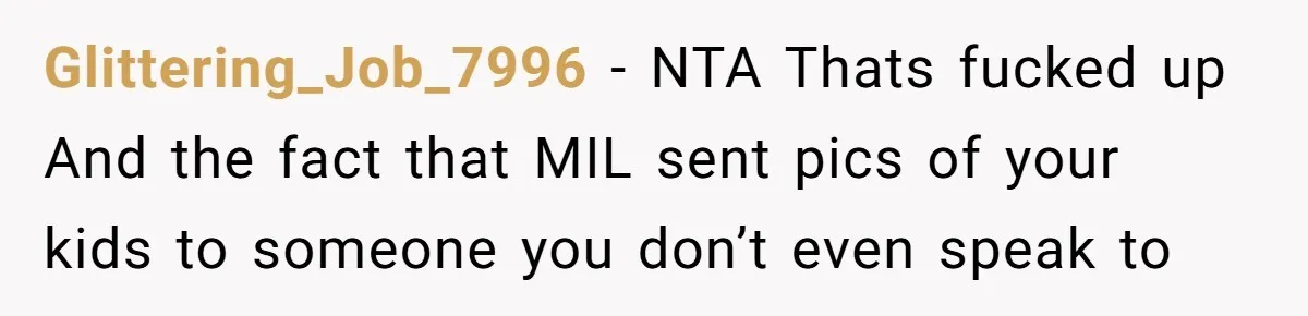 Glittering_Job_7996 − NTA Thats fucked up And the fact that MIL sent pics of your kids to someone you don’t even speak to
