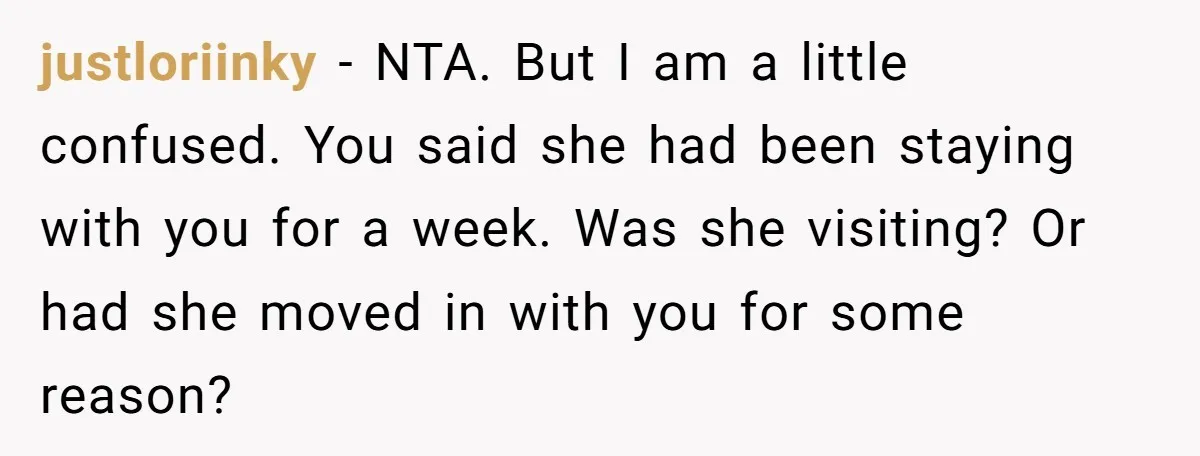 justloriinky − NTA. But I am a little confused. You said she had been staying with you for a week. Was she visiting? Or had she moved in with you...