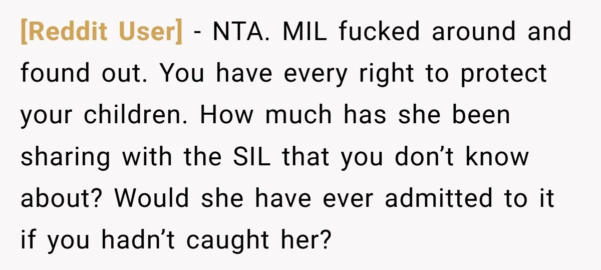 [Reddit User] − NTA. MIL fucked around and found out. You have every right to protect your children. How much has she been sharing with the SIL that you don’t...