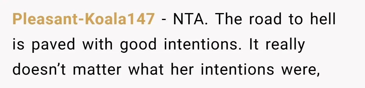 Pleasant-Koala147 − NTA. The road to hell is paved with good intentions. It really doesn’t matter what her intentions were,