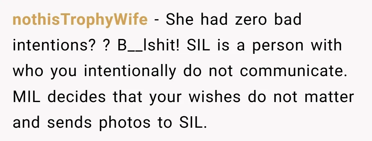 nothisTrophyWife − She had zero bad intentions? ? B__lshit! SIL is a person with who you intentionally do not communicate. MIL decides that your wishes do not matter and sends...