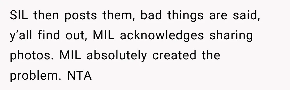 SIL then posts them, bad things are said, y’all find out, MIL acknowledges sharing photos. MIL absolutely created the problem. NTA