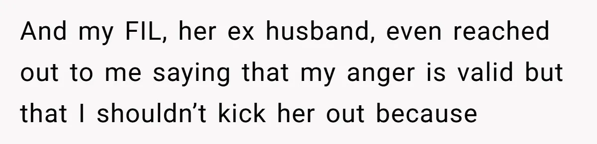 And my FIL, her ex husband, even reached out to me saying that my anger is valid but that I shouldn’t kick her out because