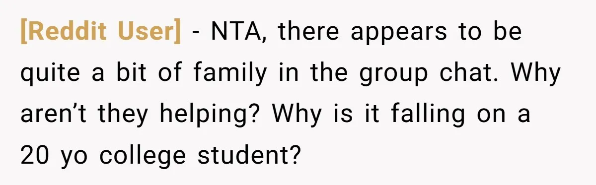 [Reddit User] − NTA, there appears to be quite a bit of family in the group chat. Why aren’t they helping? Why is it falling on a 20 yo college...