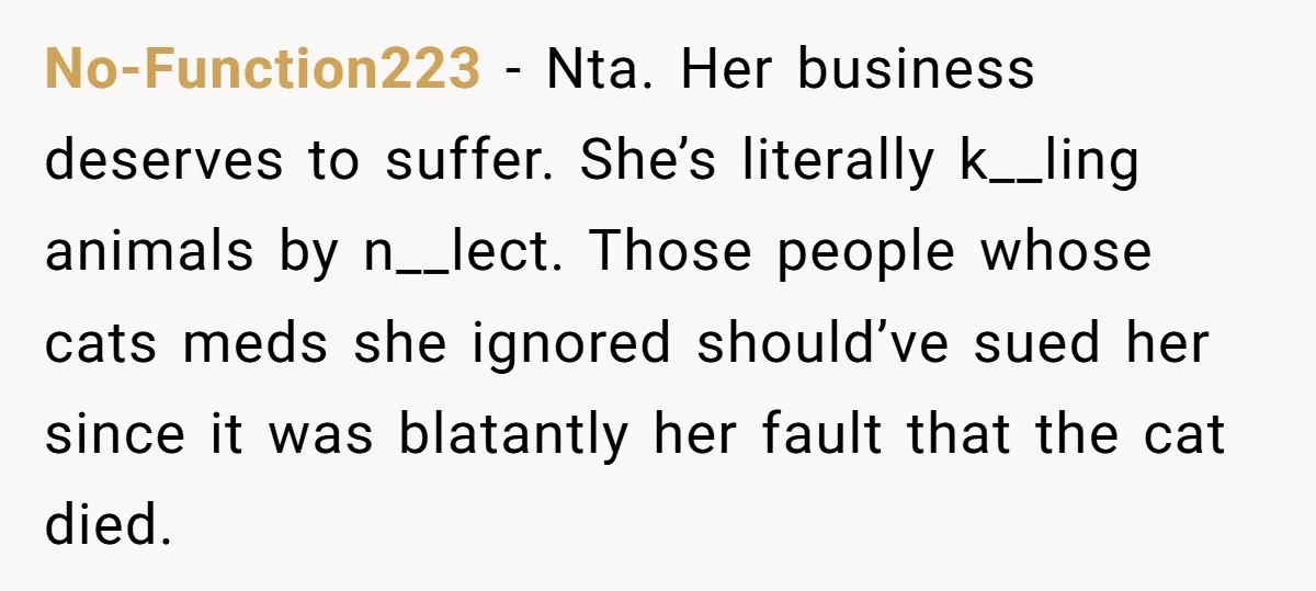 No-Function223 − Nta. Her business deserves to suffer. She’s literally k__ling animals by n__lect. Those people whose cats meds she ignored should’ve sued her since it was blatantly her fault...