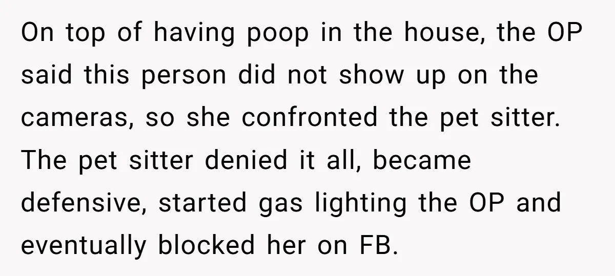 On top of having poop in the house, the OP said this person did not show up on the cameras, so she confronted the pet sitter. The pet sitter denied...