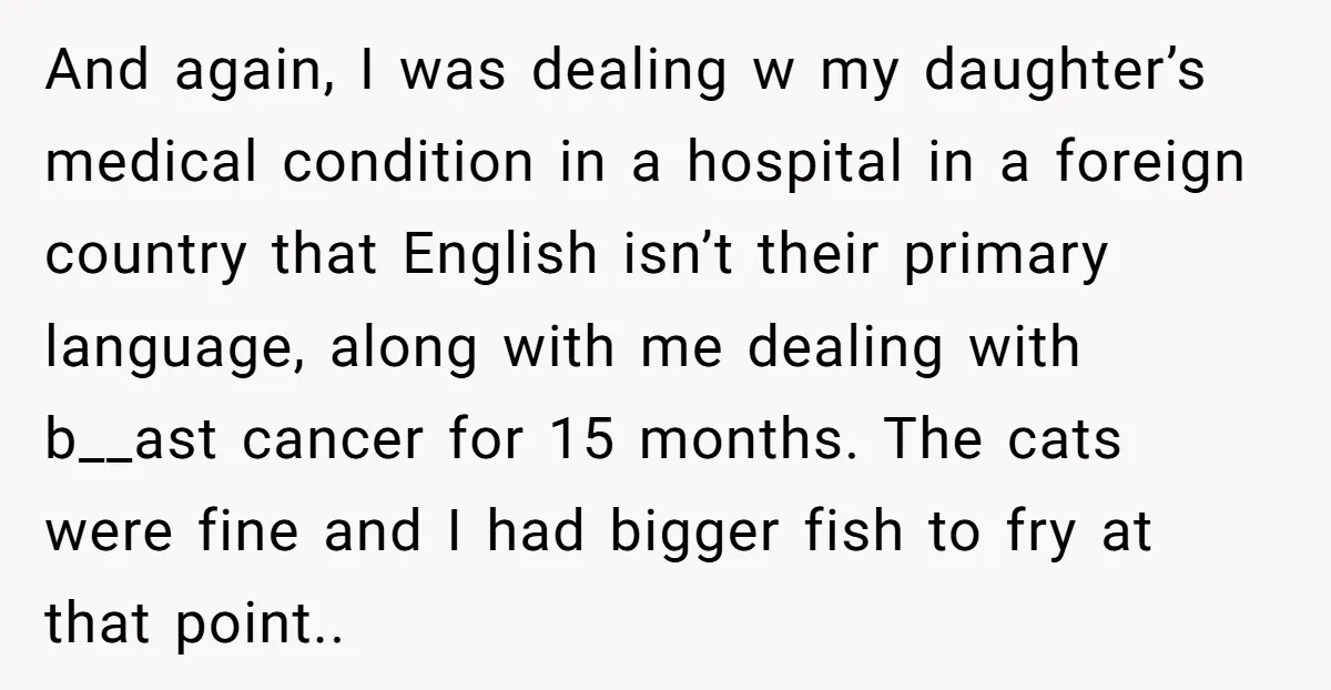 And again, I was dealing w my daughter’s medical condition in a hospital in a foreign country that English isn’t their primary language, along with me dealing with b__ast cancer...