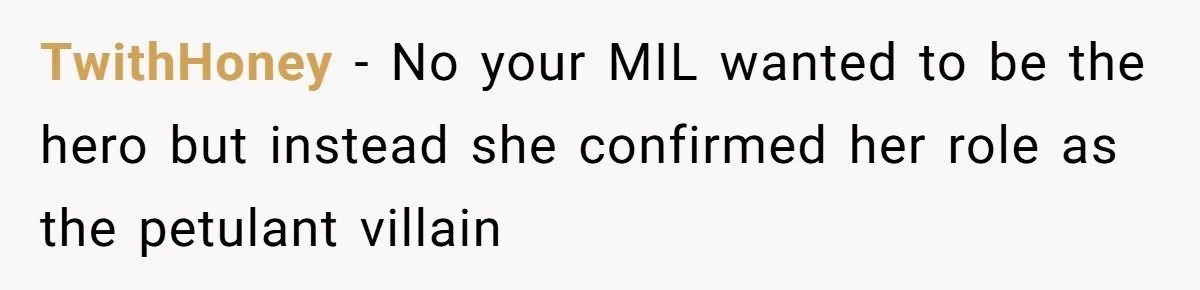 TwithHoney − No your MIL wanted to be the hero but instead she confirmed her role as the petulant villain