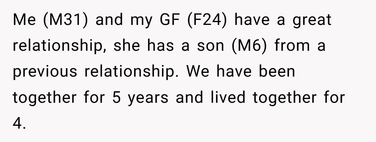 Me (M31) and my GF (F24) have a great relationship, she has a son (M6) from a previous relationship. We have been together for 5 years and lived together for...