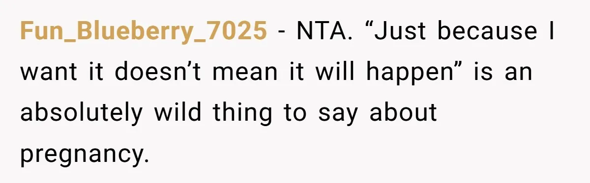 Fun_Blueberry_7025 − NTA. “Just because I want it doesn’t mean it will happen” is an absolutely wild thing to say about pregnancy.
