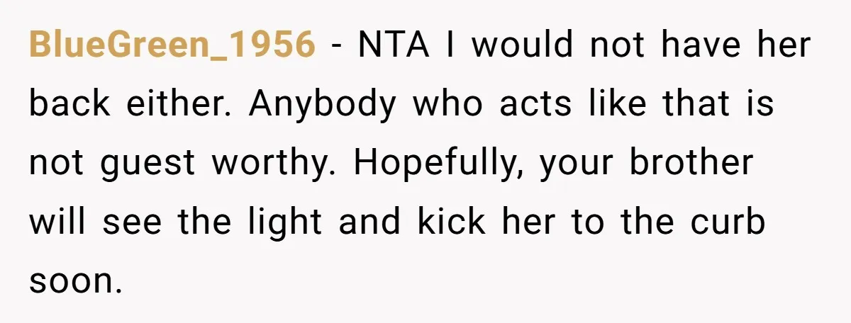 BlueGreen_1956 − NTA I would not have her back either. Anybody who acts like that is not guest worthy. Hopefully, your brother will see the light and kick her to...