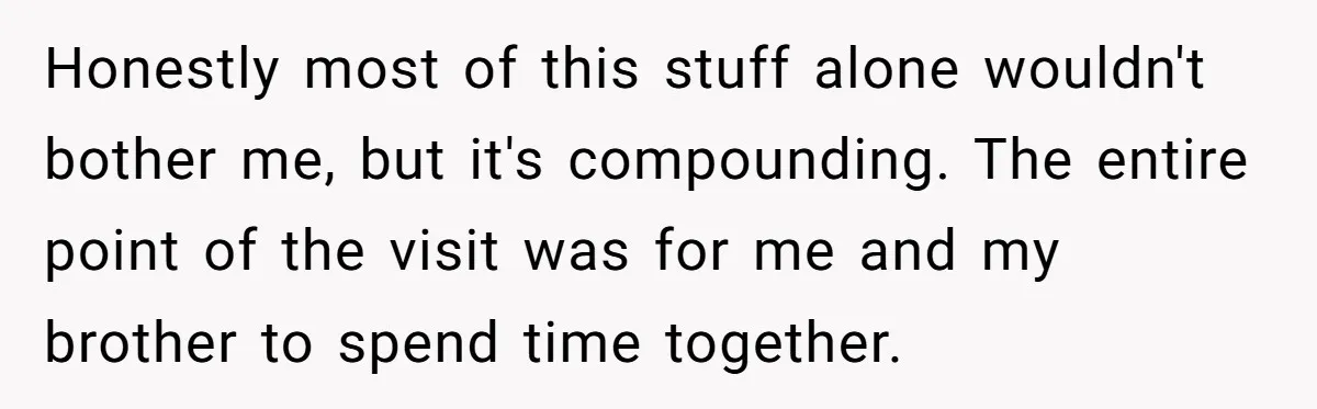 Honestly most of this stuff alone wouldn't bother me, but it's compounding. The entire point of the visit was for me and my brother to spend time together.