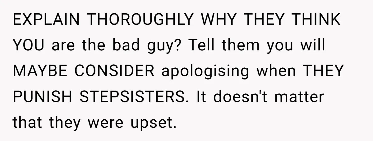 EXPLAIN THOROUGHLY WHY THEY THINK YOU are the bad guy? Tell them you will MAYBE CONSIDER apologising when THEY PUNISH STEPSISTERS. It doesn't matter that they were upset.